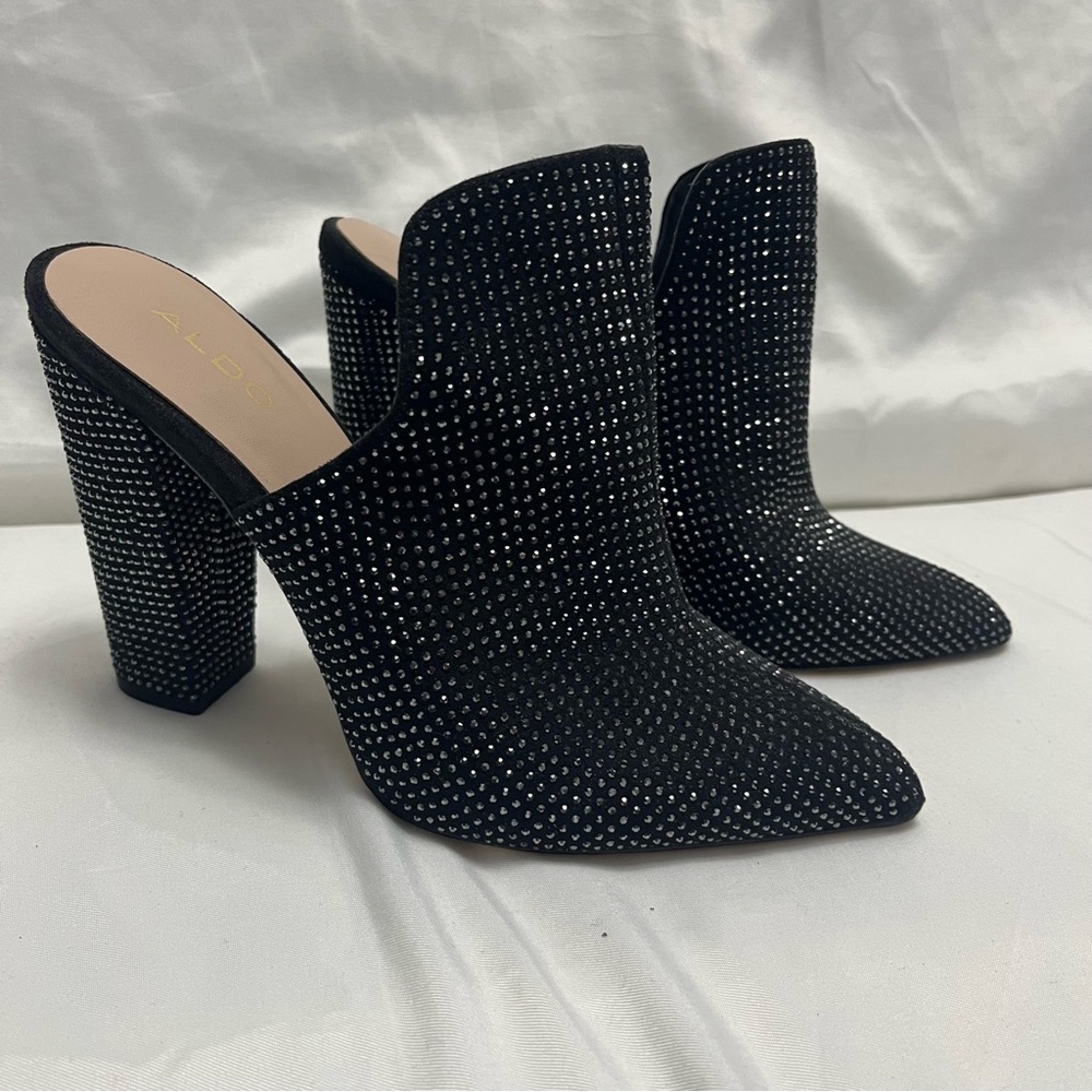 Aldo Rhinestone Crystal Embellished Mules Heels Black 7.5 - Picture 3 of 12